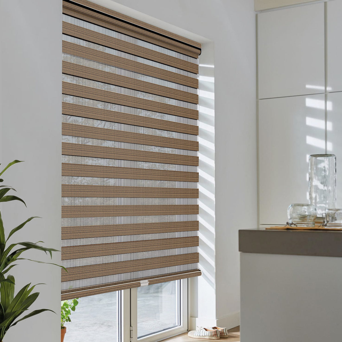 Brown no-drill zebra blind: angled product view