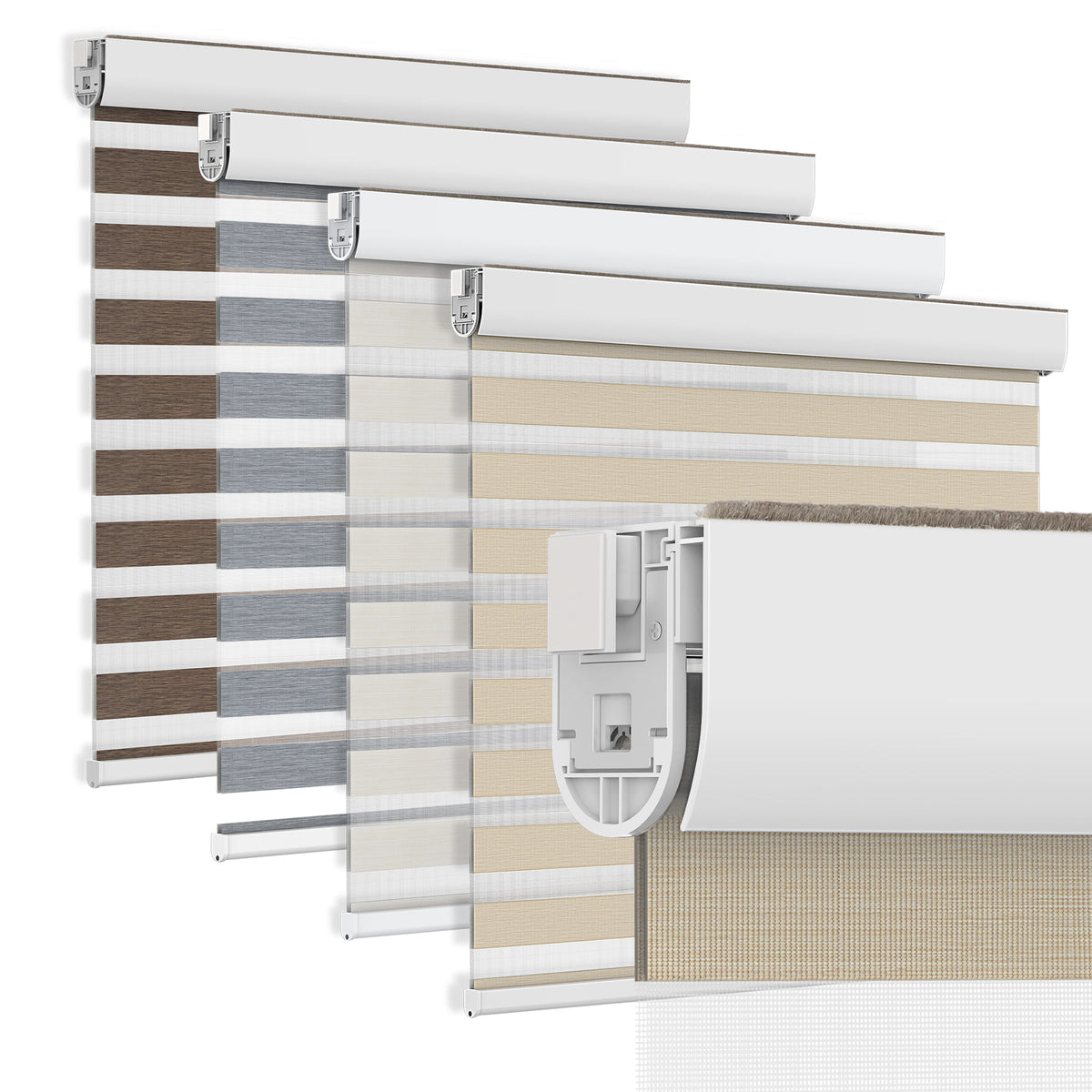 Beige no-drill zebra blind: layered fabric color options