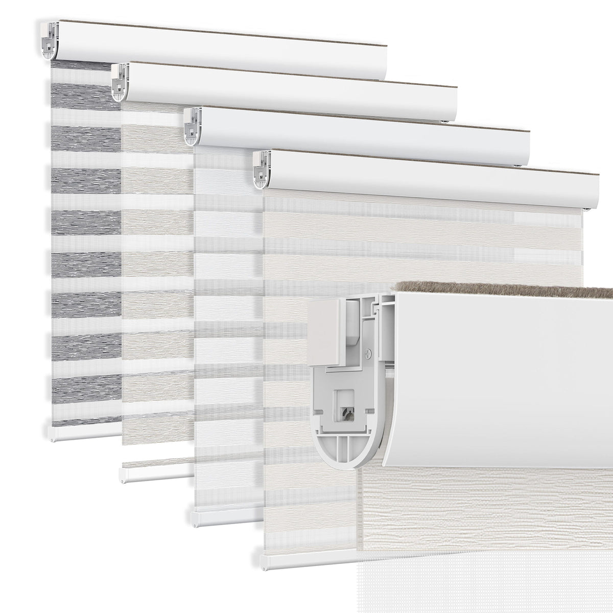 Ivory no-drill zebra blind: layered fabric color options