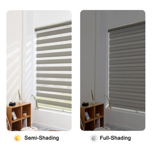 Gray zebra blind: open and closed sheer and opaque stripe alignment
