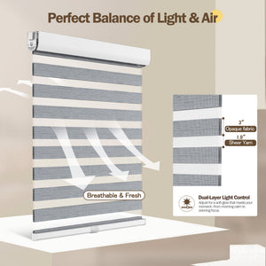 Gray no-drill zebra blind: light control through sheer and opaque stripes