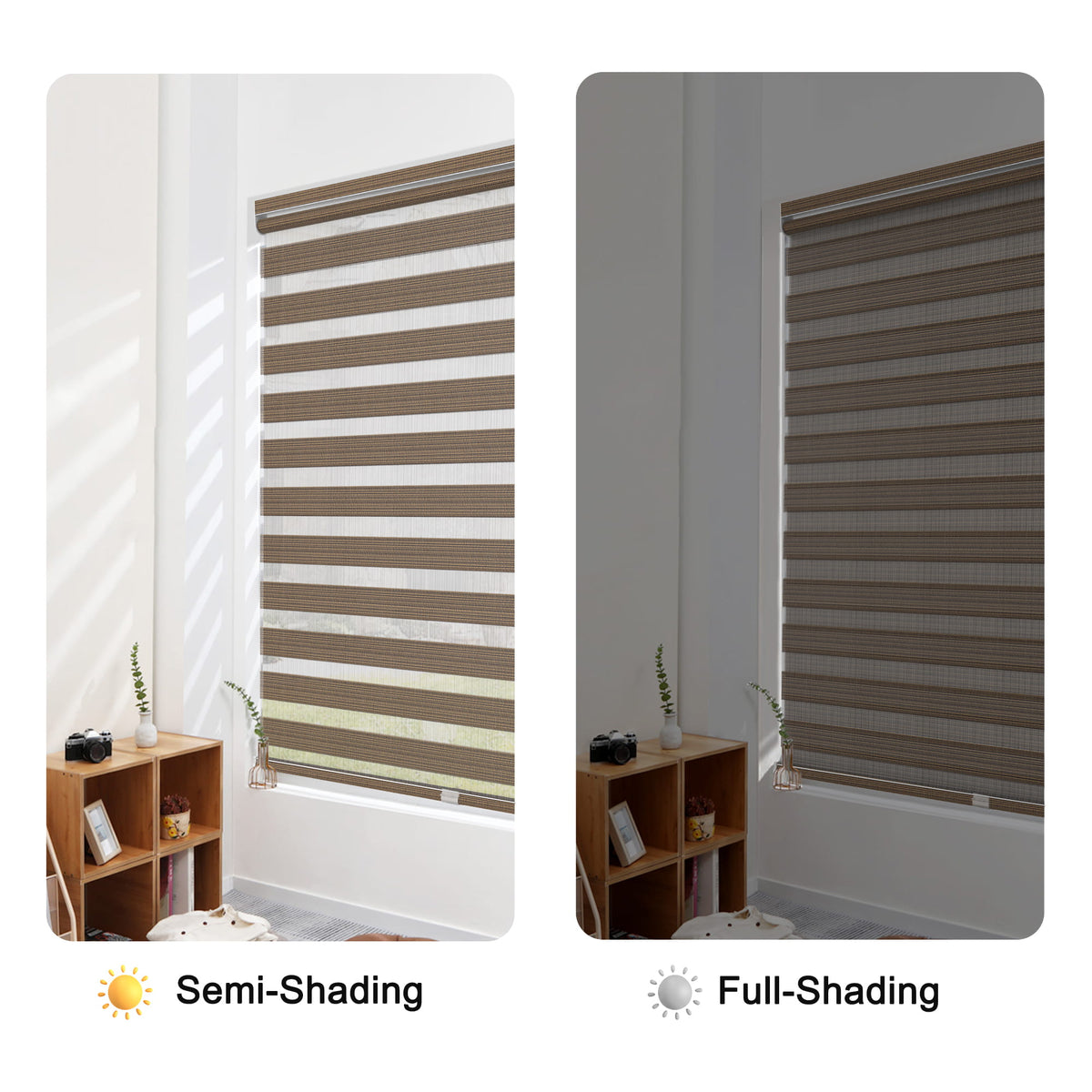 Brown no-drill zebra blind: open and closed sheer and opaque stripe alignment