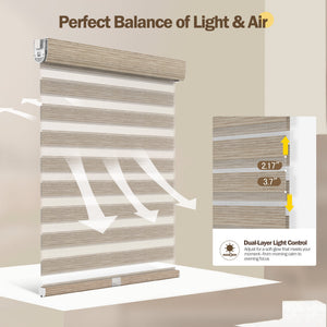 Tan no-drill zebra blind: light control through sheer and opaque stripes