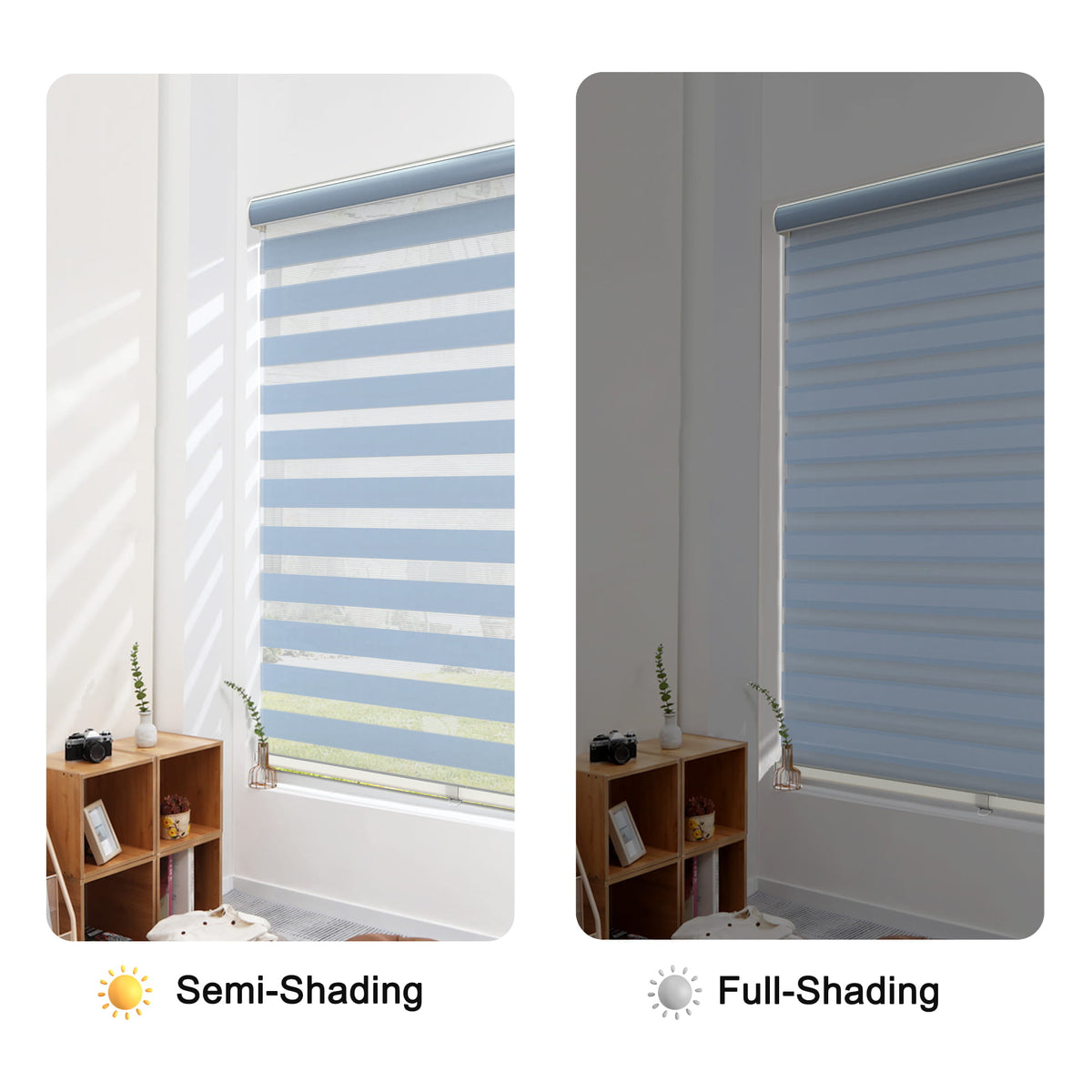 Blue zebra blind: open and closed sheer and opaque stripe alignment