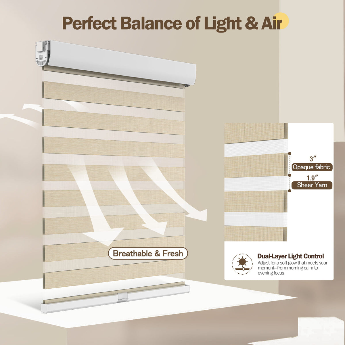 Beige no-drill zebra blind: light control through sheer and opaque stripes