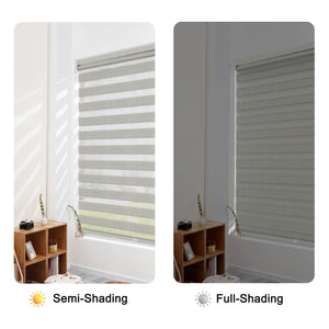 Gray no-drill zebra blind: open and closed sheer and opaque stripe alignment