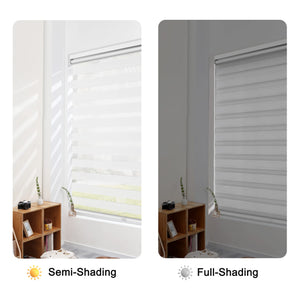 White no-drill zebra blind: open and closed sheer and opaque stripe alignment
