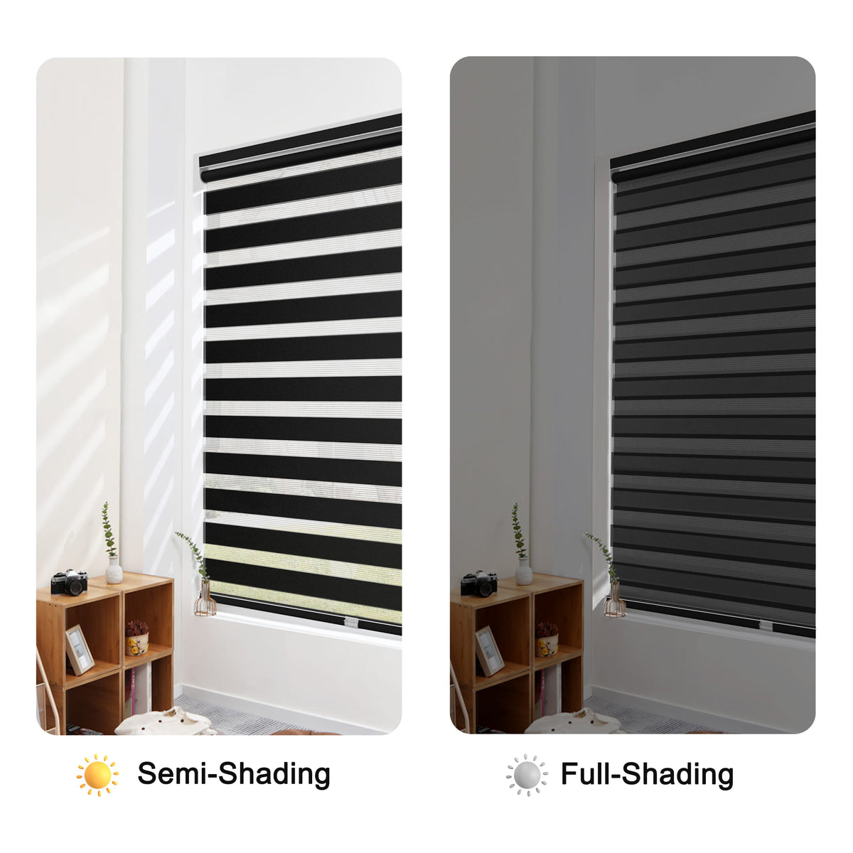 Black no-drill zebra blind: open and closed sheer and opaque stripe alignment