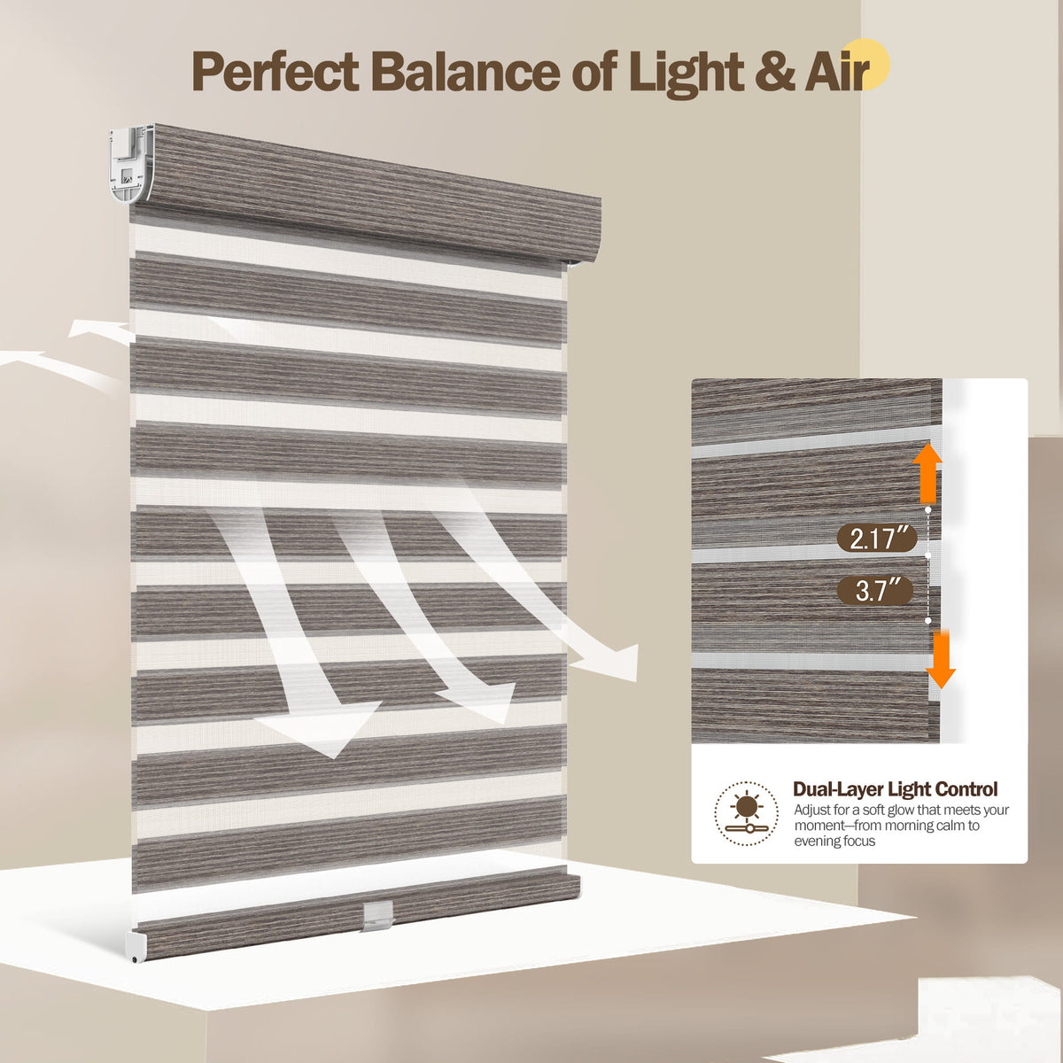 Brown no-drill zebra blind: light control through sheer and opaque stripes