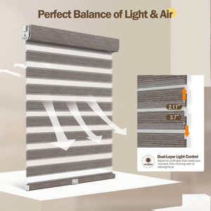 Brown no-drill zebra blind: light control through sheer and opaque stripes