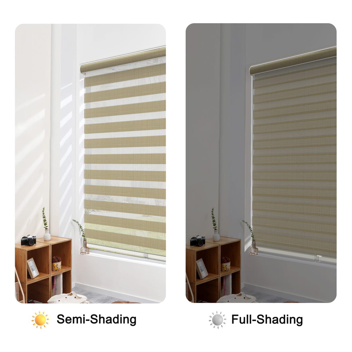 Tan zebra blind: open and closed sheer and opaque stripe alignment