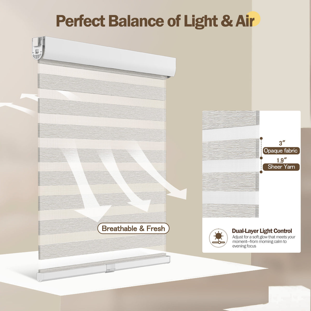 Light gray no-drill zebra blind: light control through sheer and opaque stripes