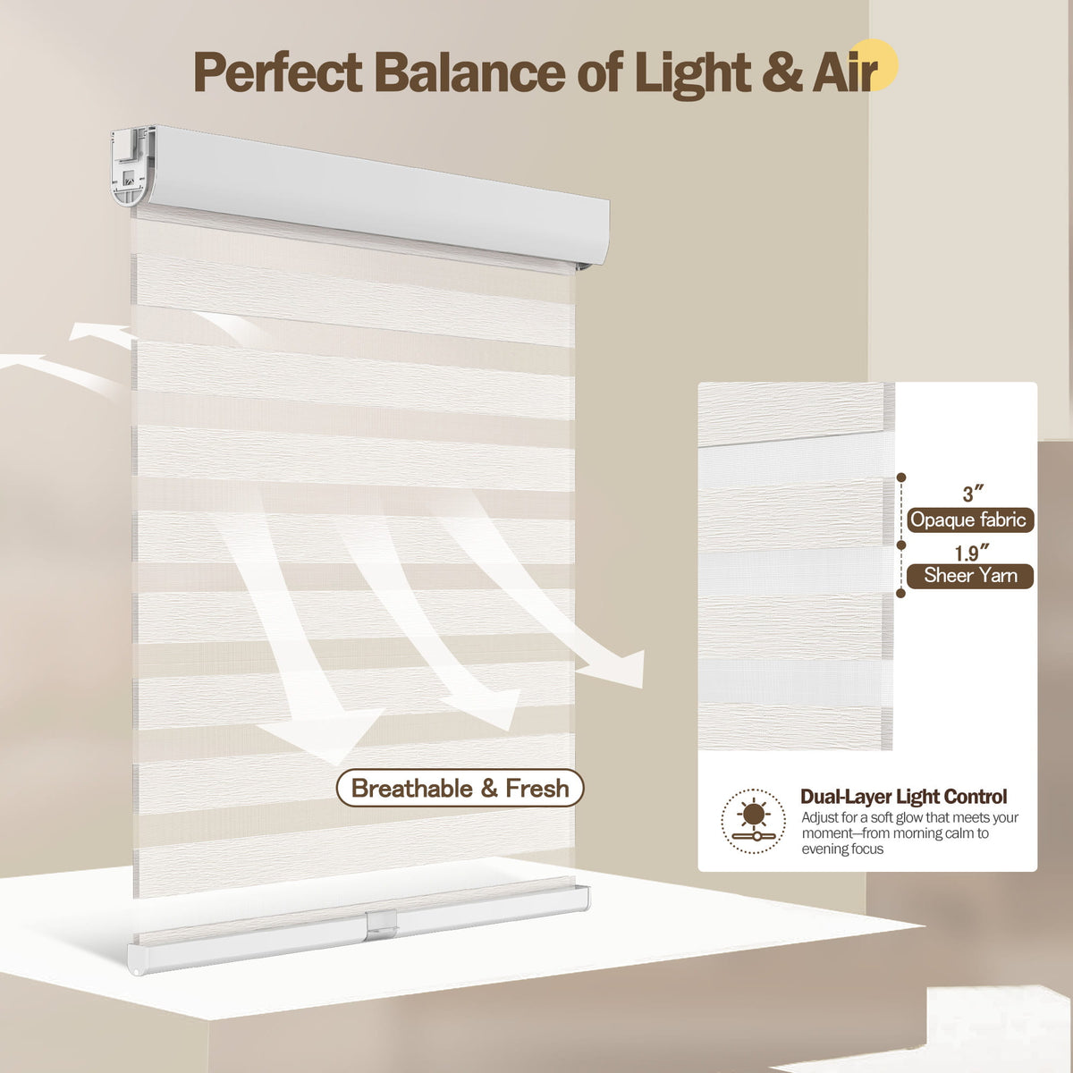 Ivory no-drill zebra blind: light control through sheer and opaque stripes