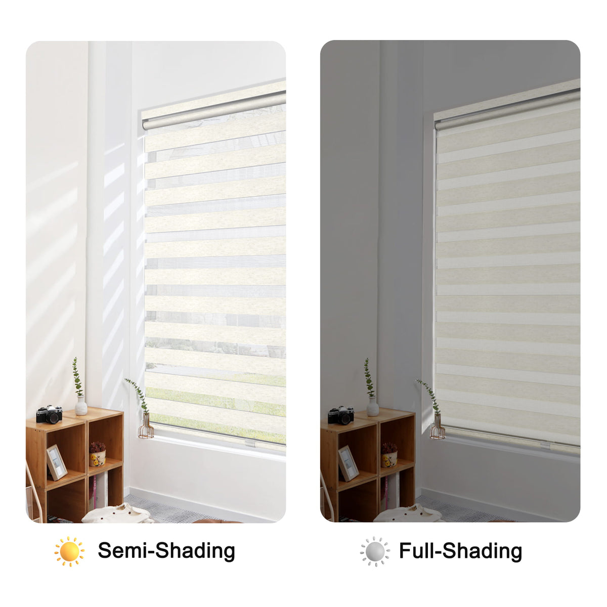 Ivory no-drill zebra blind: open and closed sheer and opaque stripe alignment
