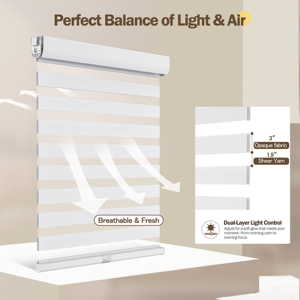 White no-drill zebra blind: light control through sheer and opaque stripes