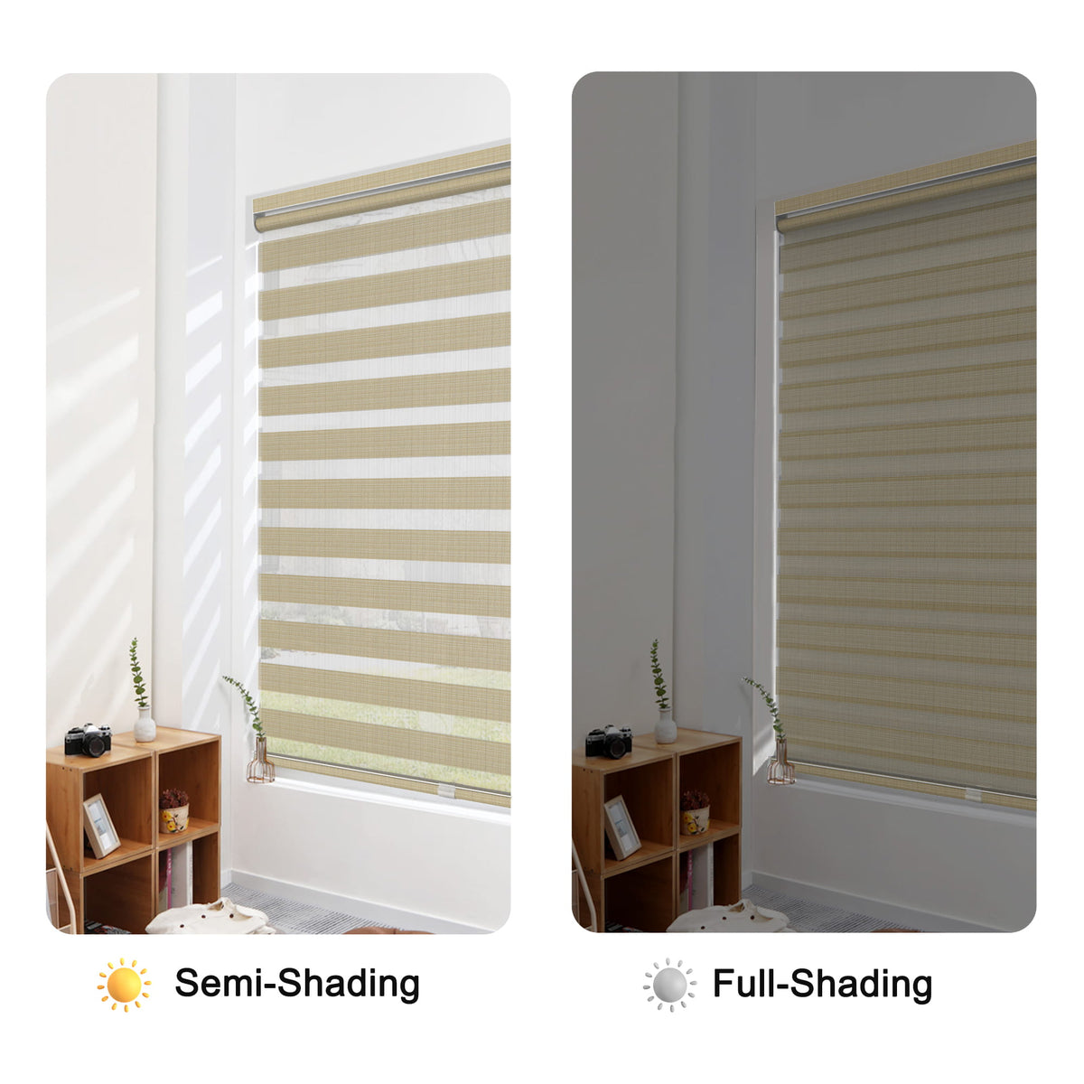 Tan no-drill zebra blind: open and closed sheer and opaque stripe alignment