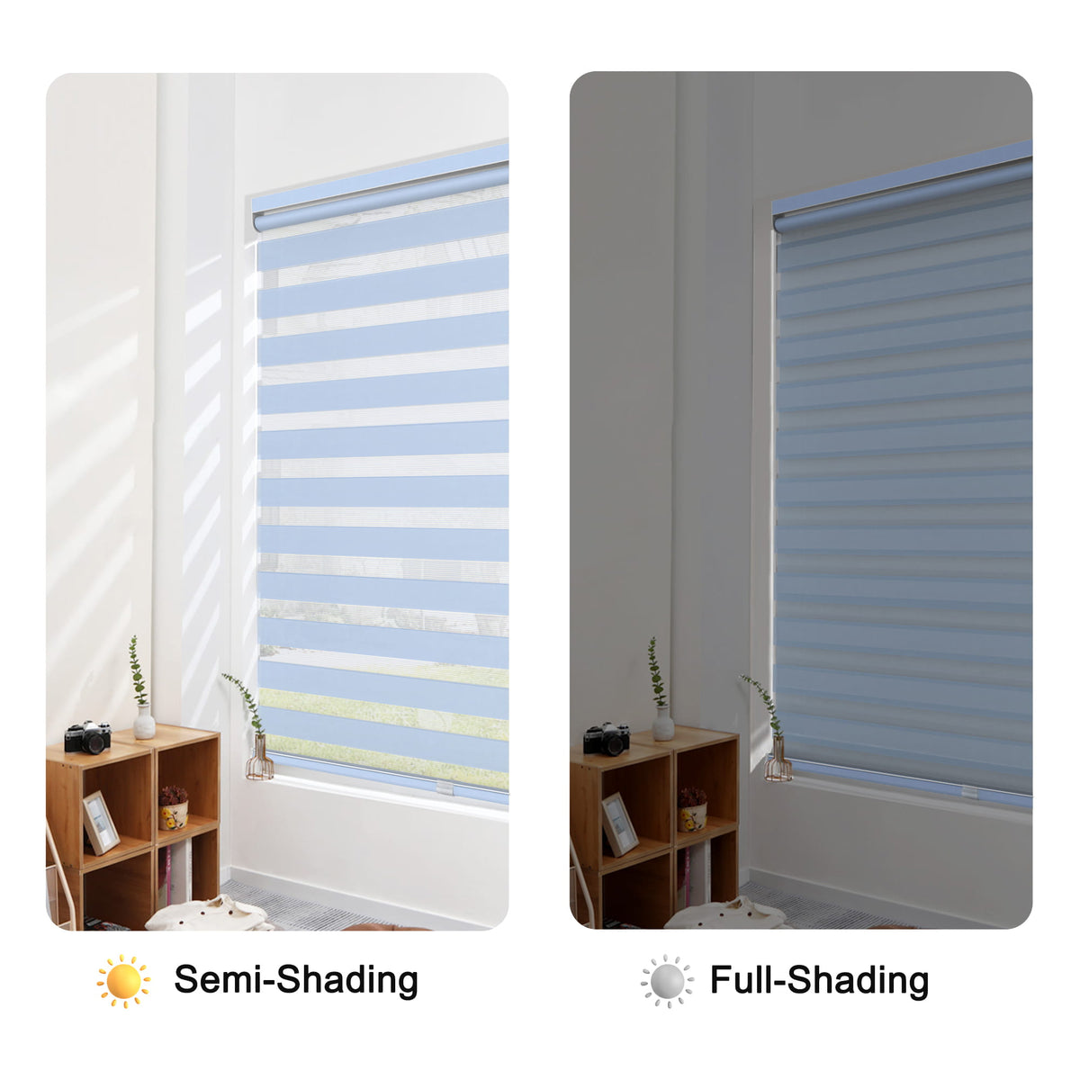 Blue no-drill zebra blind: open and closed sheer and opaque stripe alignment