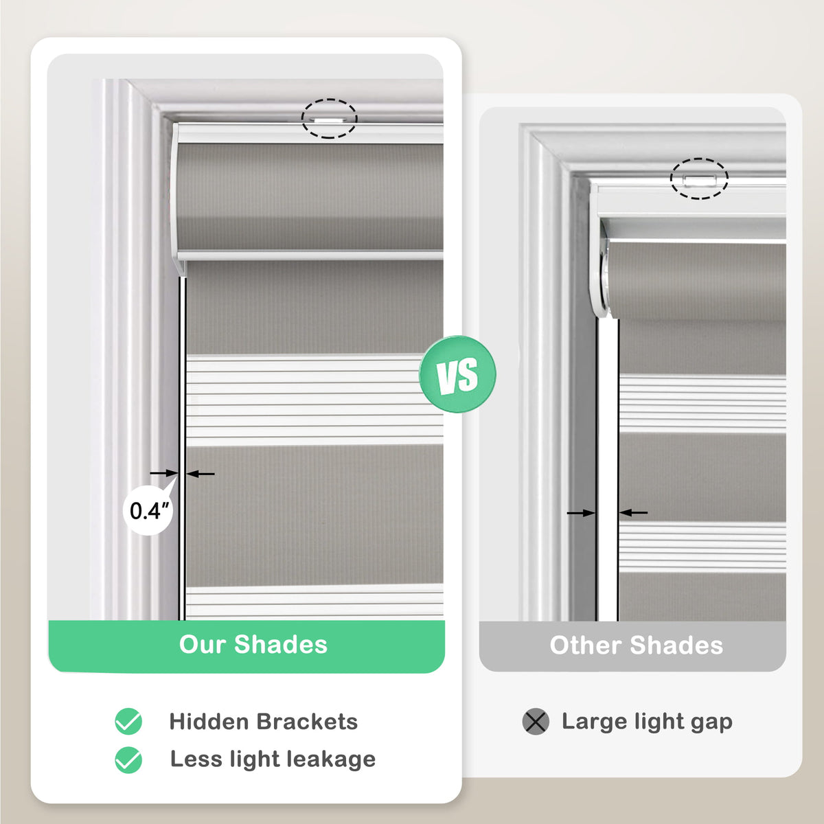 Gray zebra blind: headrail and window gap comparison