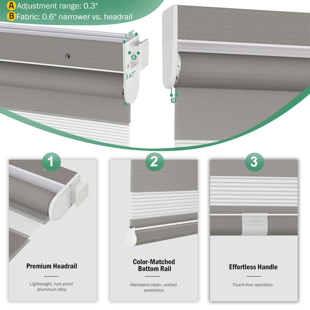 Gray no-drill zebra blind: headrail, fabric and bottom rail details