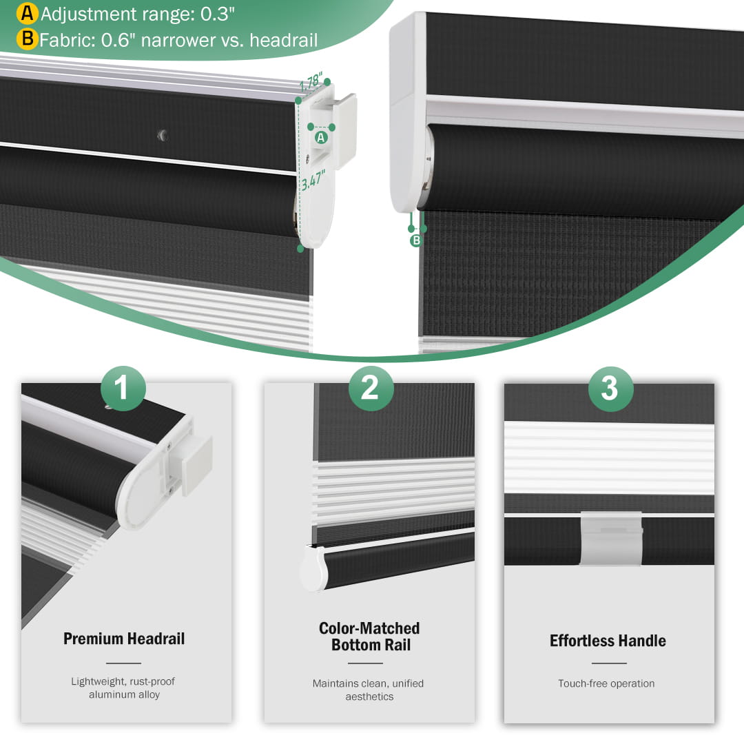 Black no-drill zebra blind: headrail, fabric and bottom rail details