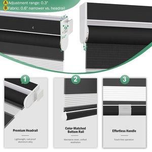 Black no-drill zebra blind: headrail, fabric and bottom rail details