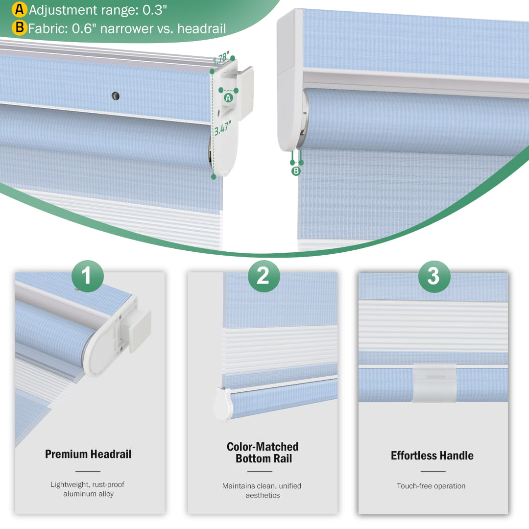 Blue no-drill zebra blind: headrail, fabric and bottom rail details