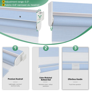 Blue no-drill zebra blind: headrail, fabric and bottom rail details