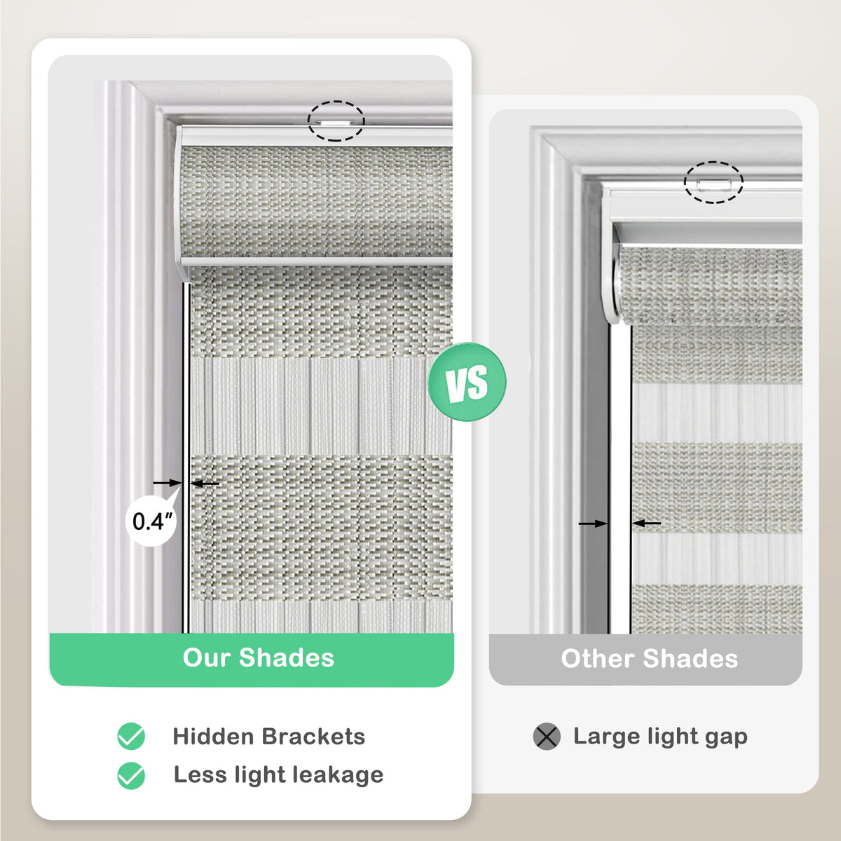 Light gray zebra blind: headrail and window gap comparison