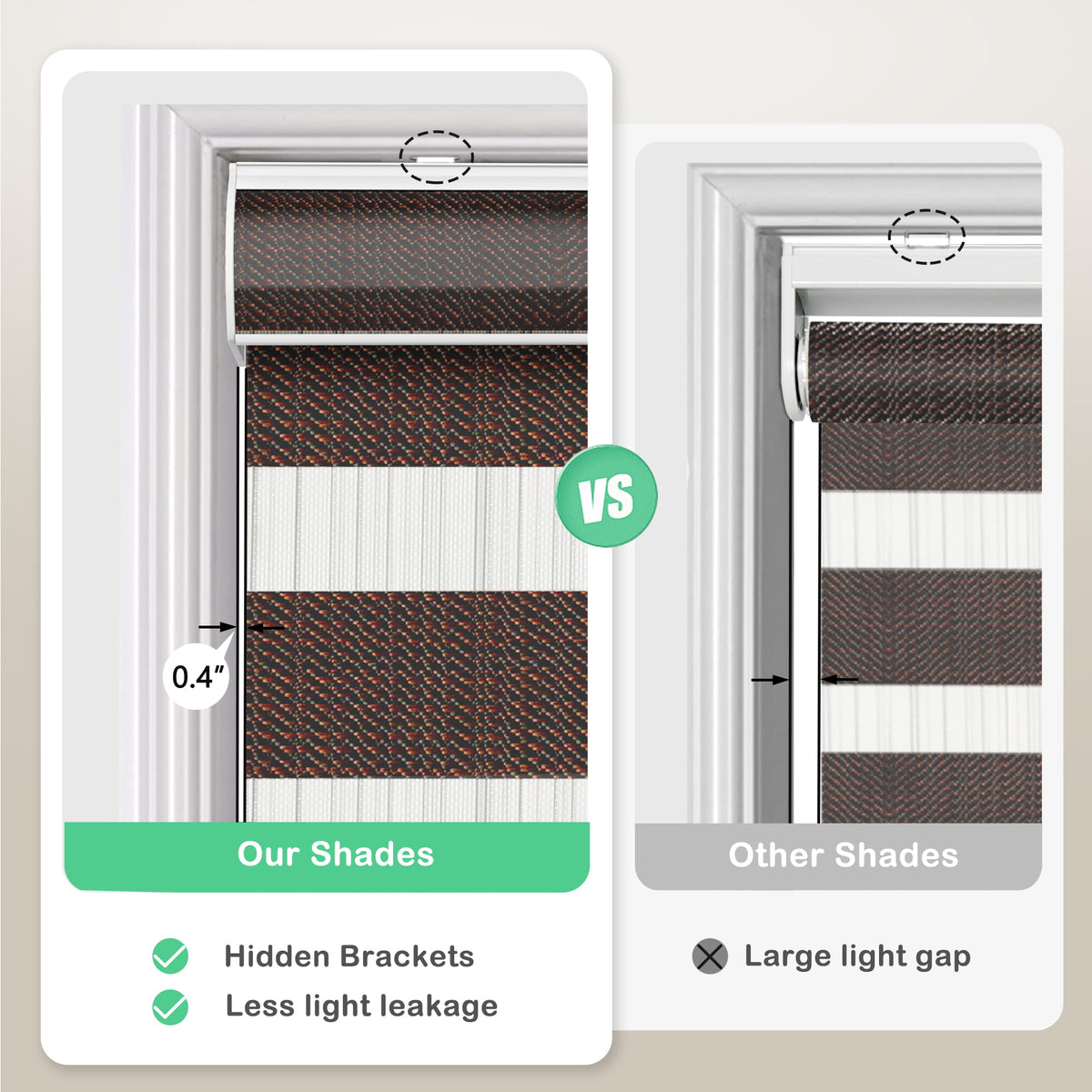 Dark brown zebra blind: headrail and window gap comparison