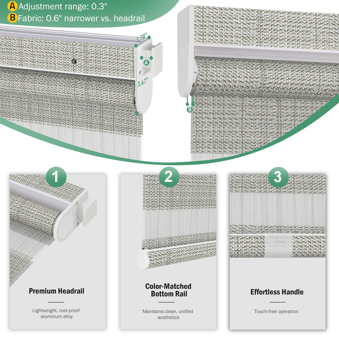 Gray no-drill zebra blind: headrail, fabric and bottom rail details