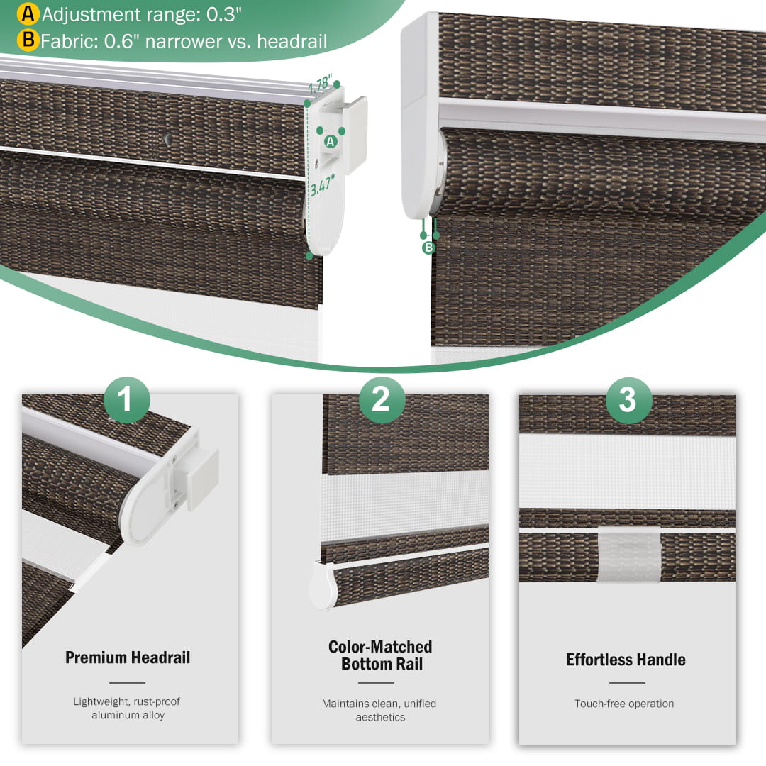 Dark brown no-drill zebra blind: headrail, fabric and bottom rail details