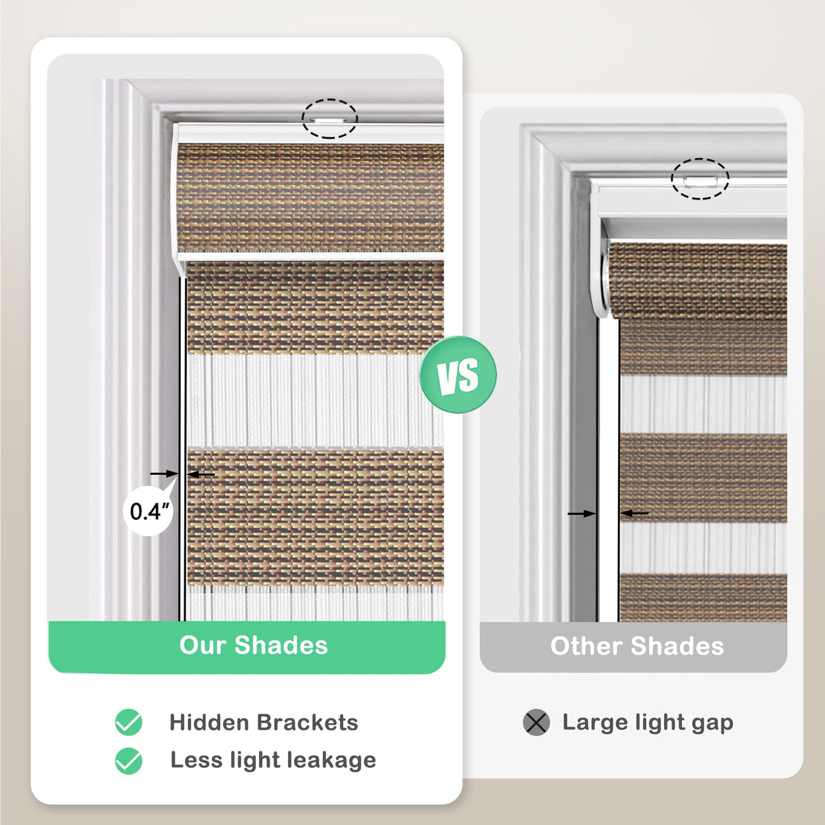 Brown zebra blind: headrail and window gap comparison