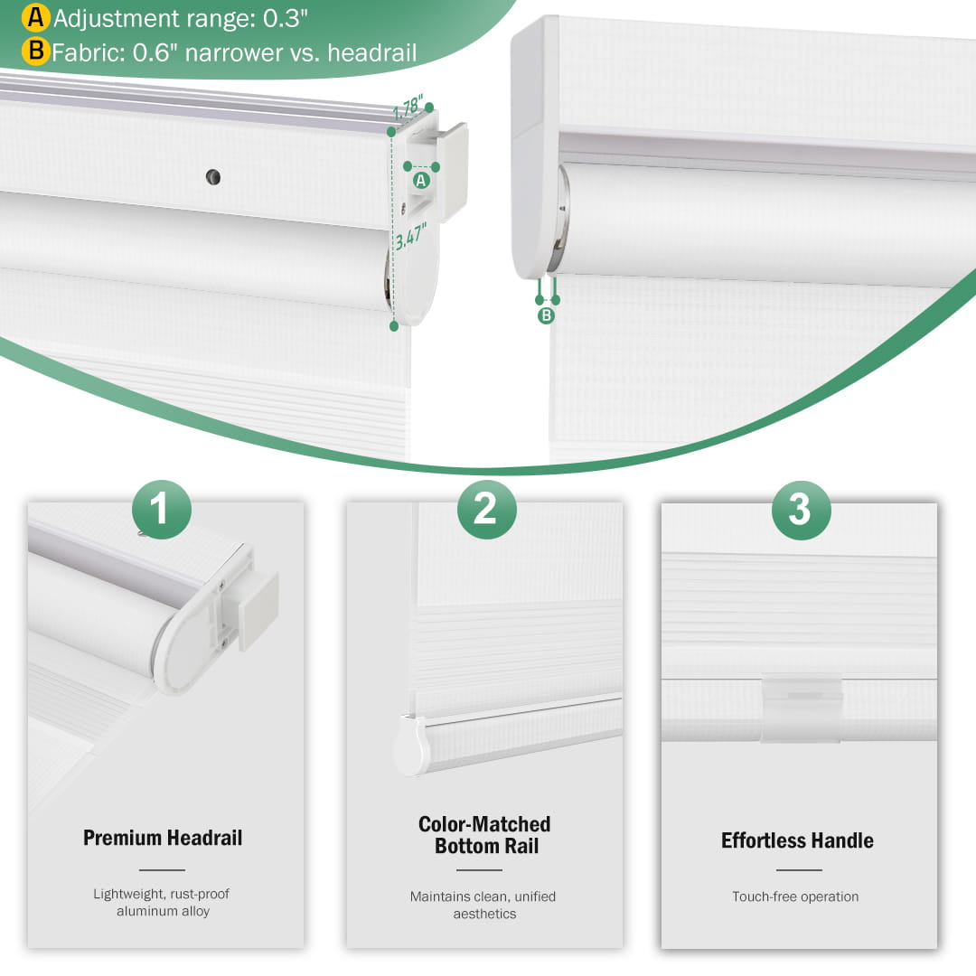 White no-drill zebra blind: headrail, fabric and bottom rail details