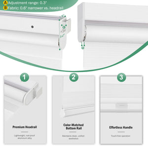 White no-drill zebra blind: headrail, fabric and bottom rail details