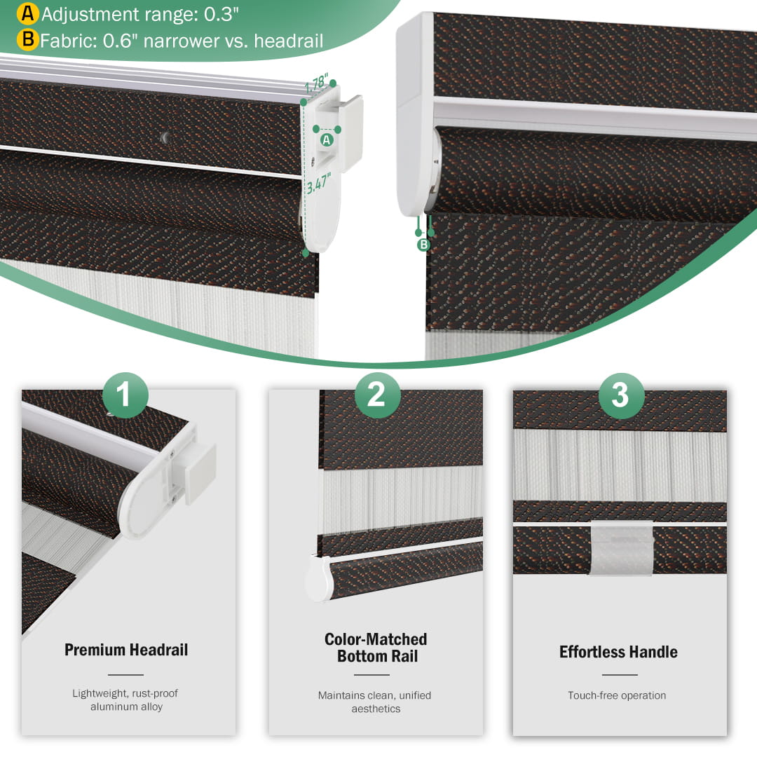 Dark brown no-drill zebra blind: headrail, fabric and bottom rail details