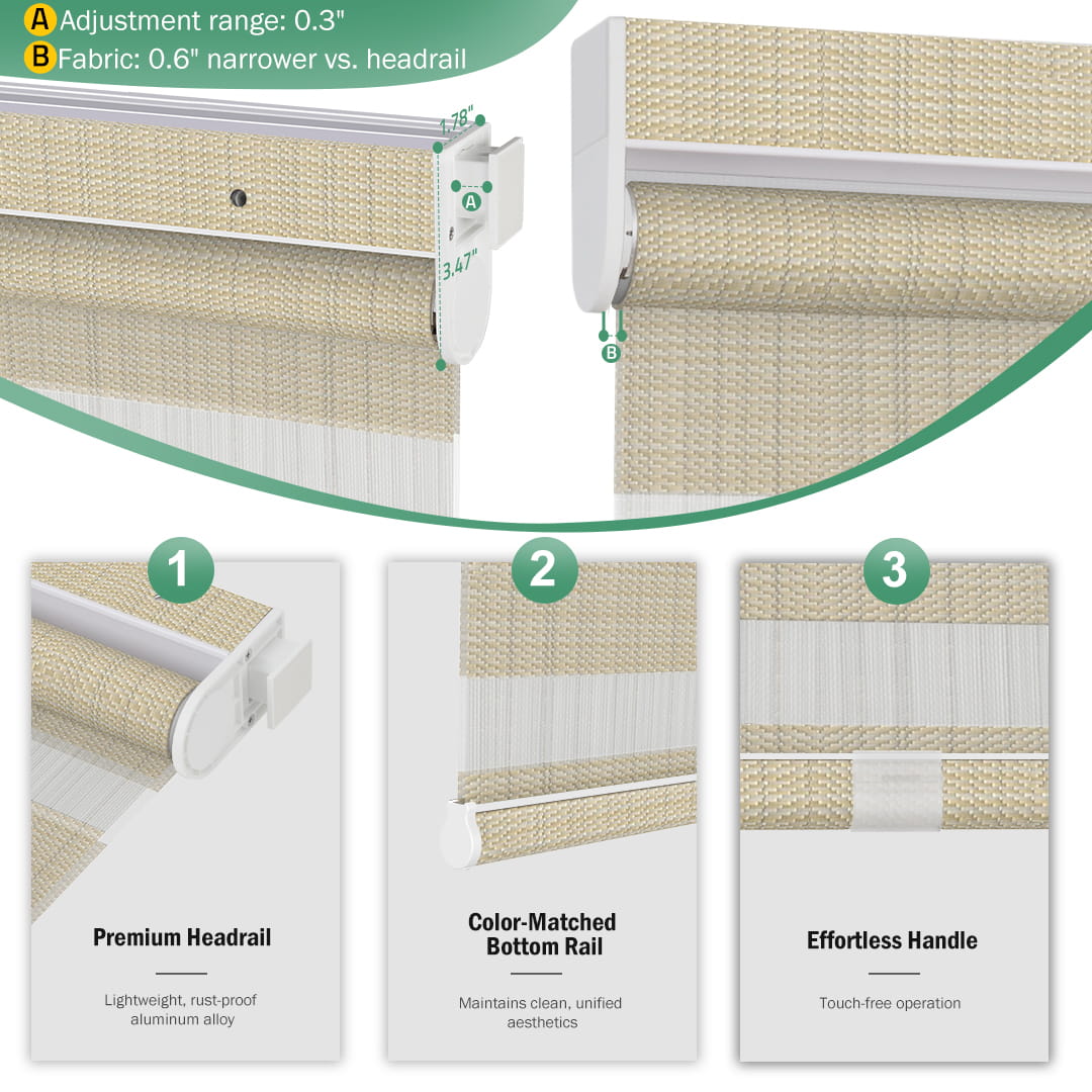 Tan no-drill zebra blind: headrail, fabric and bottom rail details
