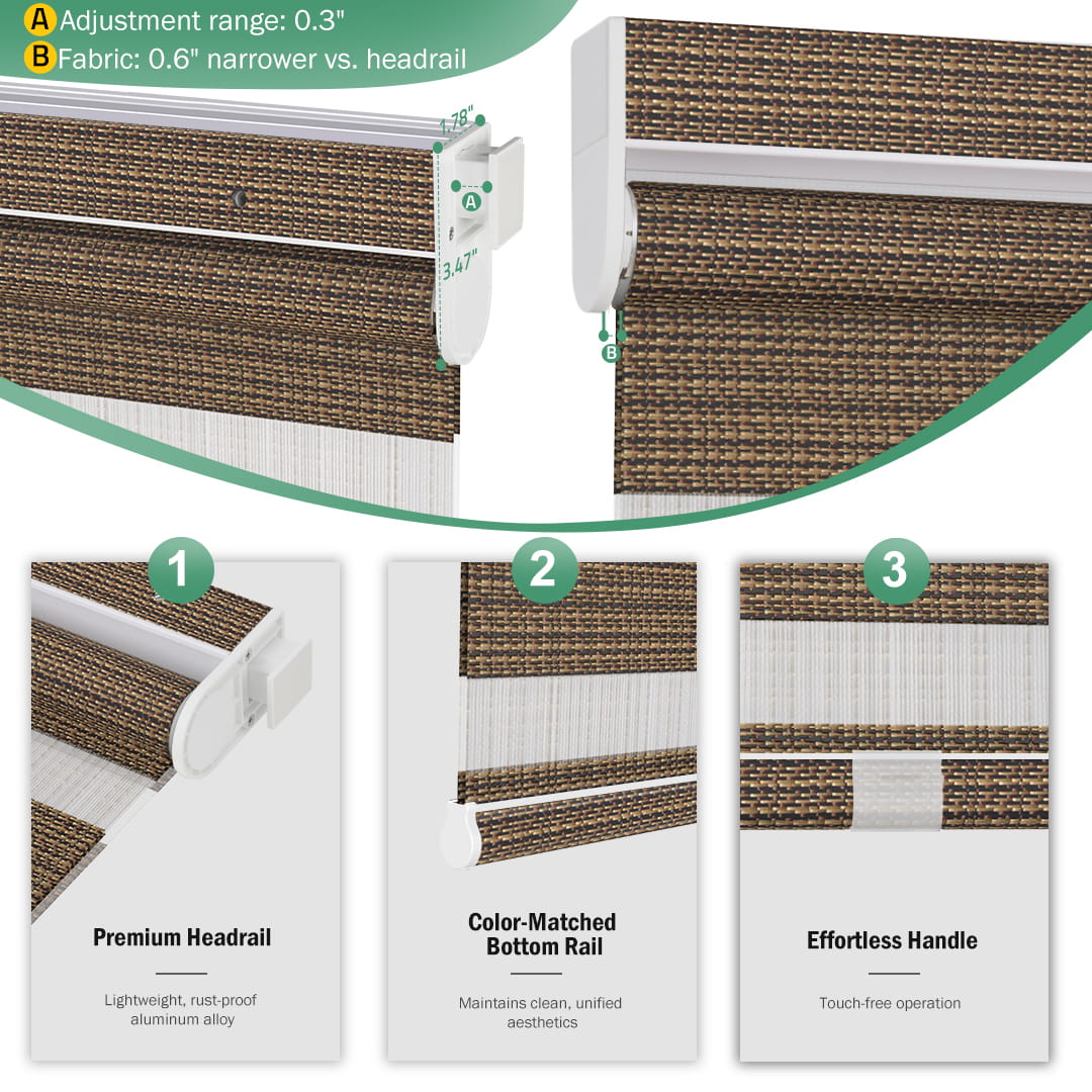 Brown no-drill zebra blind: headrail, fabric and bottom rail details