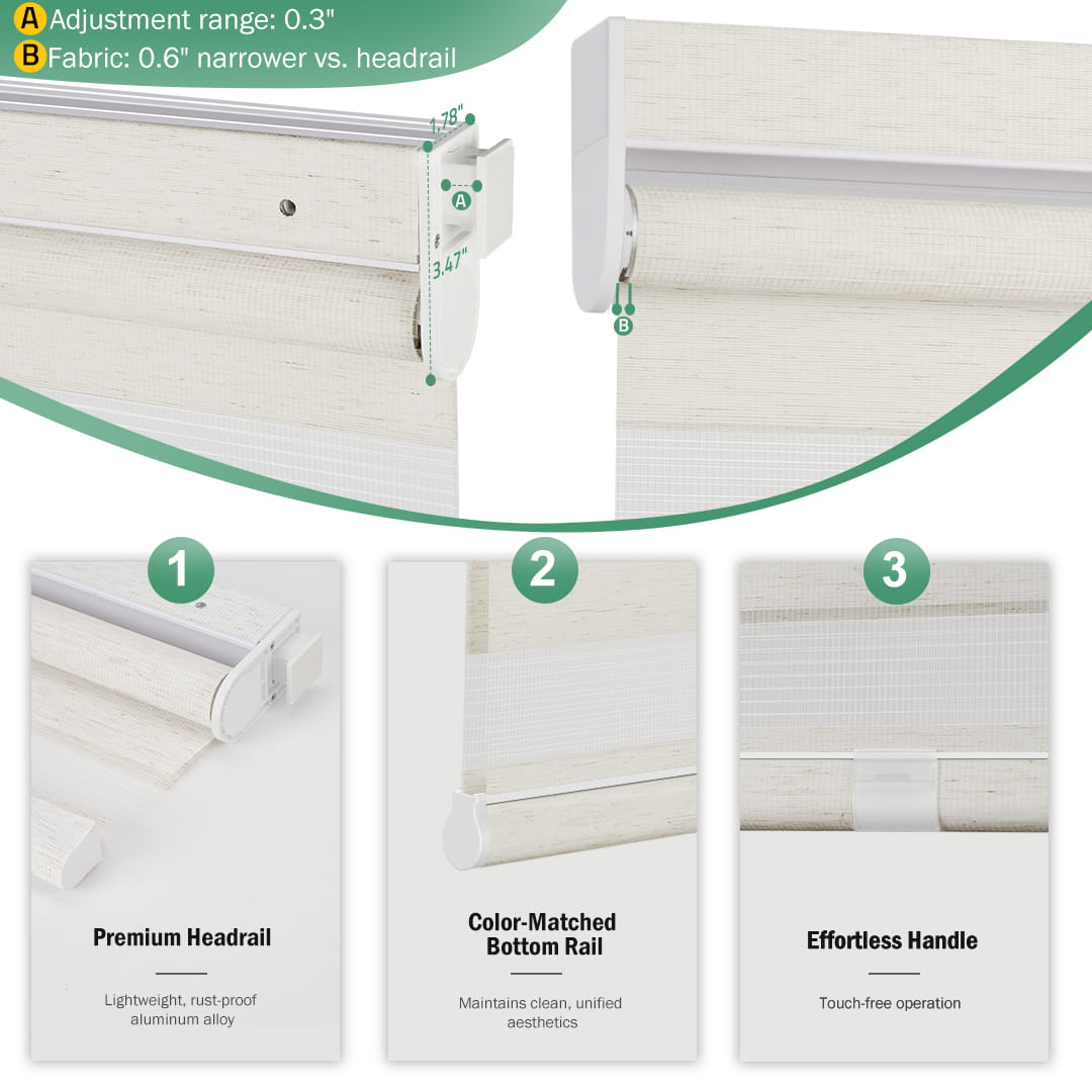 Ivory no-drill zebra blind: headrail, fabric and bottom rail details