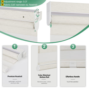 Ivory no-drill zebra blind: headrail, fabric and bottom rail details