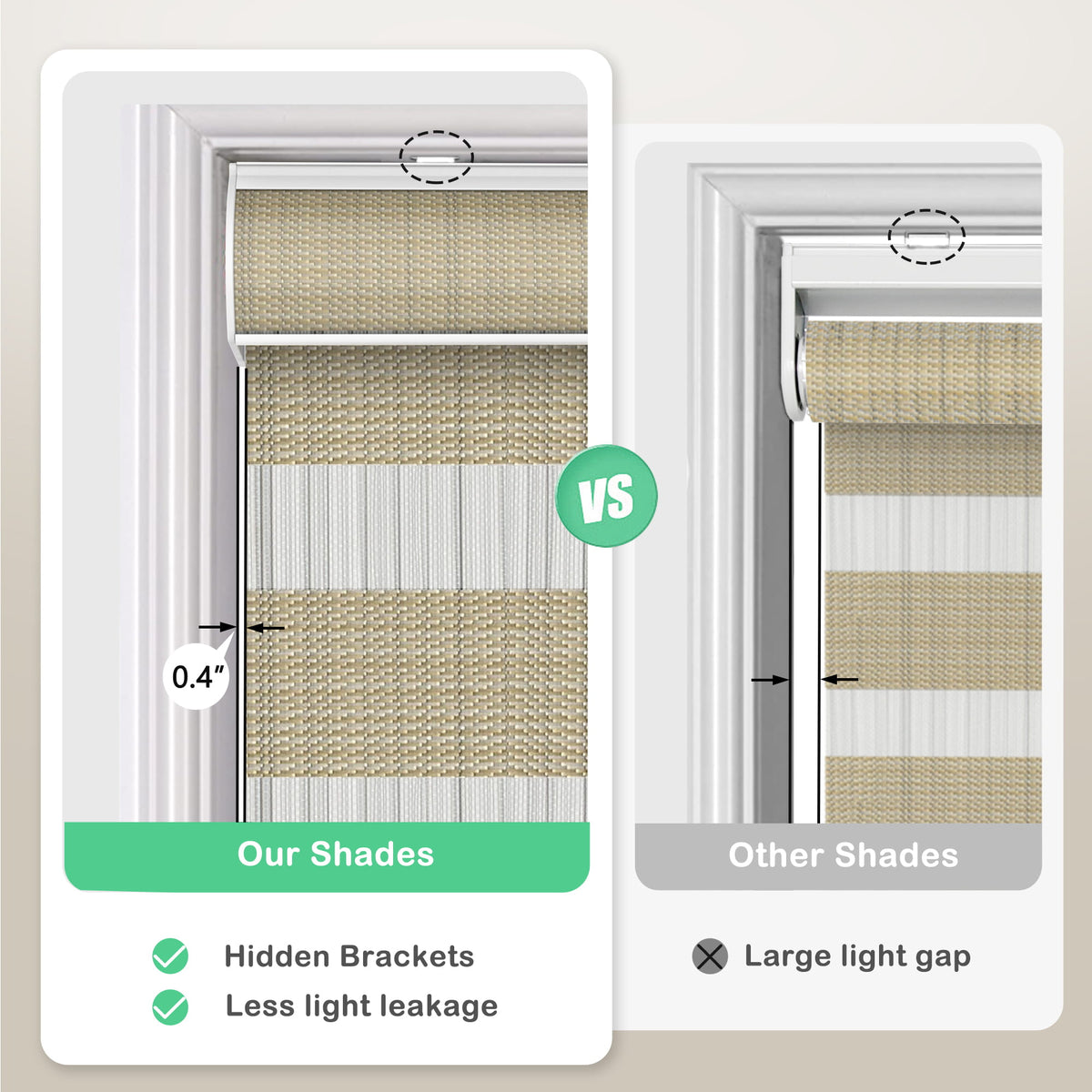 Tan zebra blind: headrail and window gap comparison