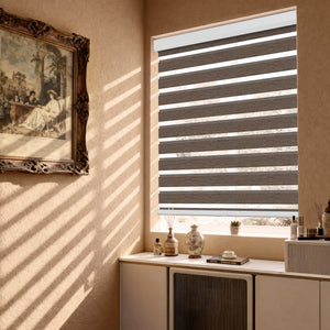 Brown no-drill zebra blind: in a furnished room