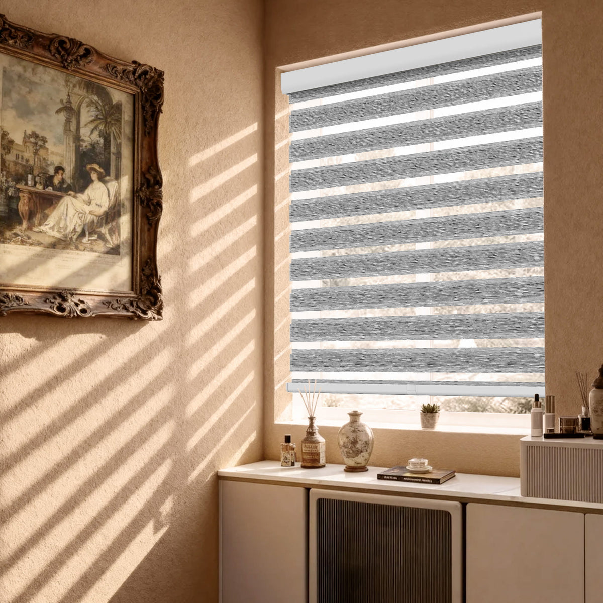 Gray no-drill zebra blind: in a furnished room