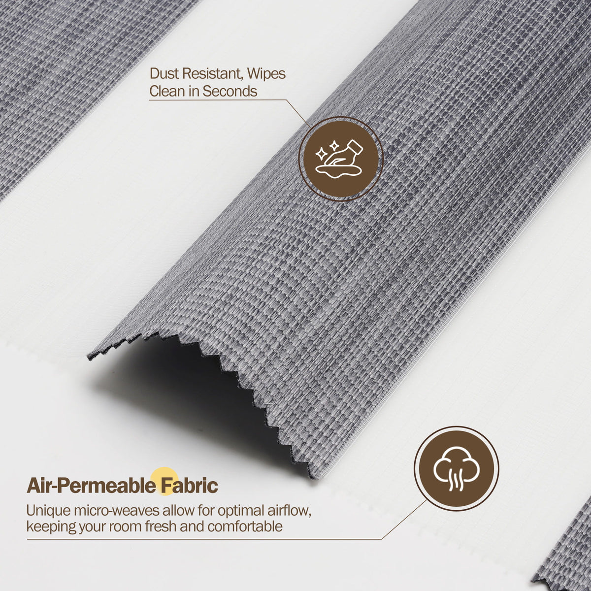 Gray no-drill zebra blind: fabric texture close-up