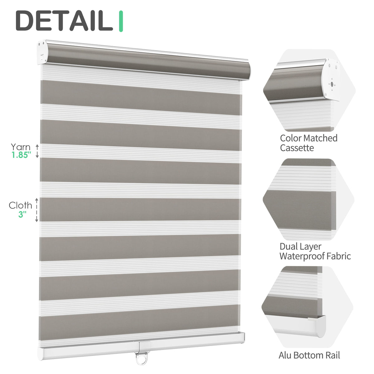 Gray zebra blind: headrail, fabric and bottom rail details