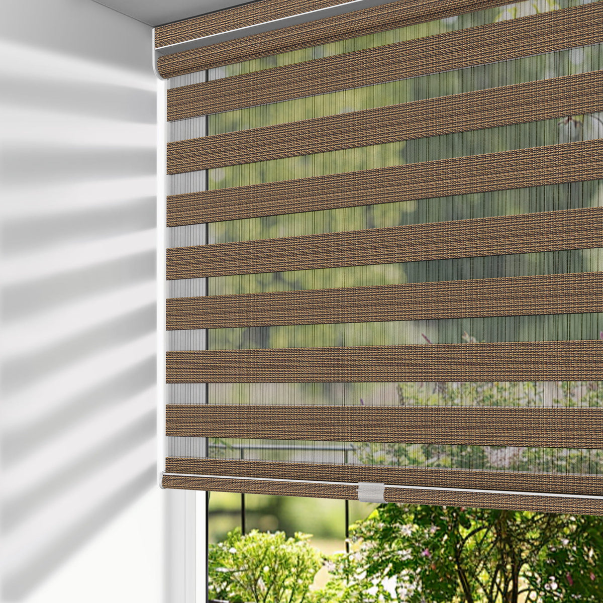 Brown no-drill zebra blind: on a window