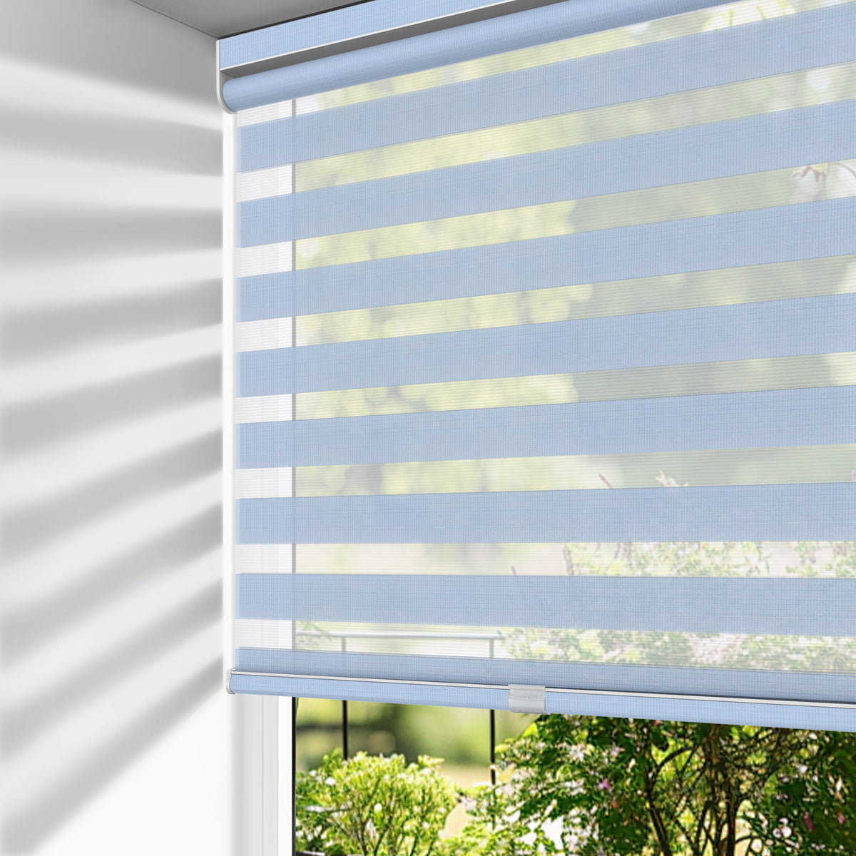 Blue no-drill zebra blind: on a window