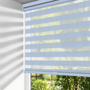 Blue no-drill zebra blind: on a window