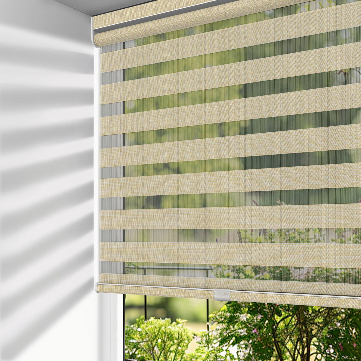 Tan no-drill zebra blind: on a window