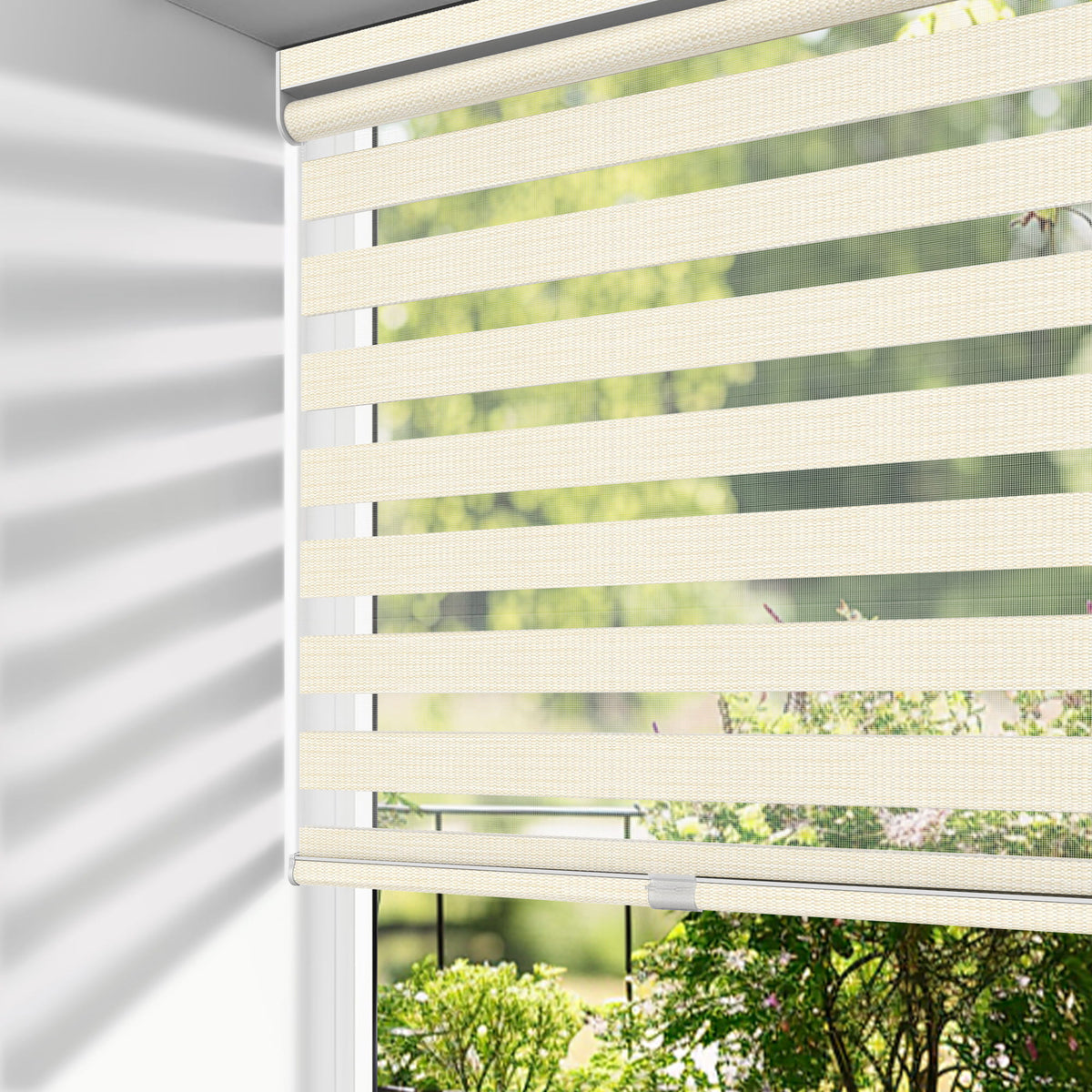 Beige no-drill zebra blind: on a window
