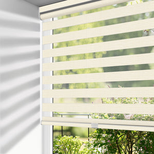 Beige no-drill zebra blind: on a window